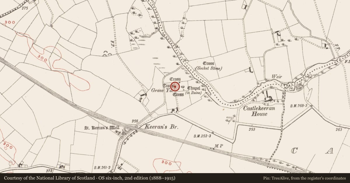 Ordnance Survey six-inch map, 2nd edition (1888–1915) covering the location of Cross - High cross, Castlekeeran, County Meath, with a pin at the register's coordinates
