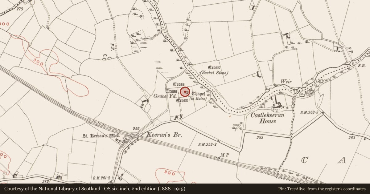 Ordnance Survey six-inch map, 2nd edition (1888–1915) covering the location of Cross-slab, Castlekeeran, County Meath, with a pin at the register's coordinates