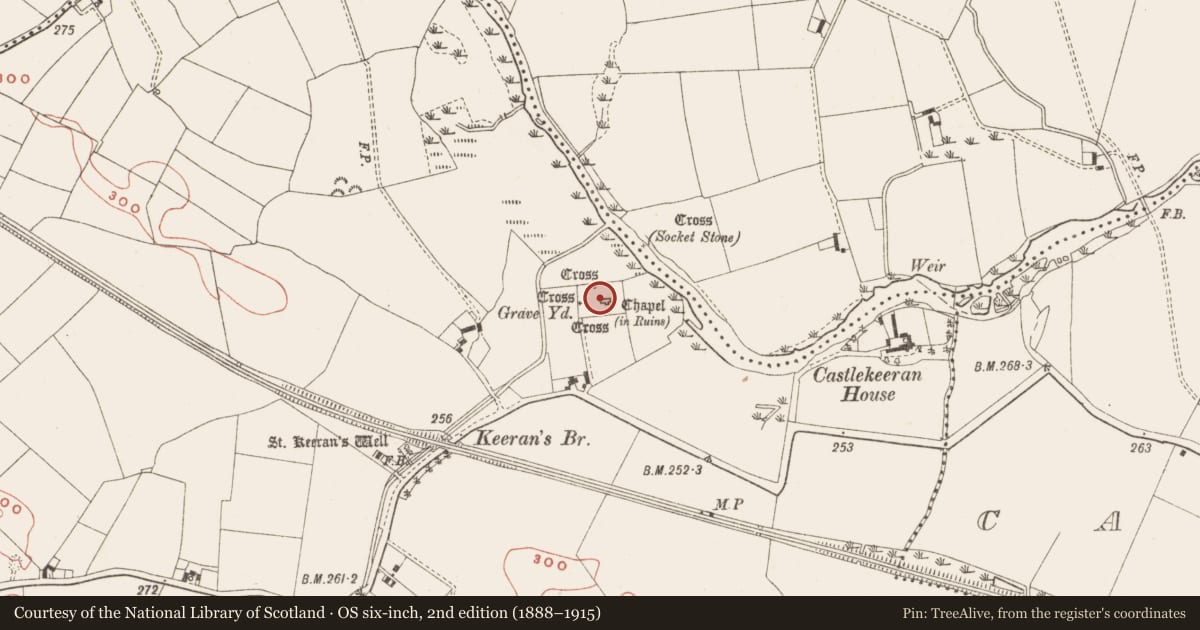 Ordnance Survey six-inch map, 2nd edition (1888–1915) covering the location of Ogham stone, Castlekeeran, County Meath, with a pin at the register's coordinates