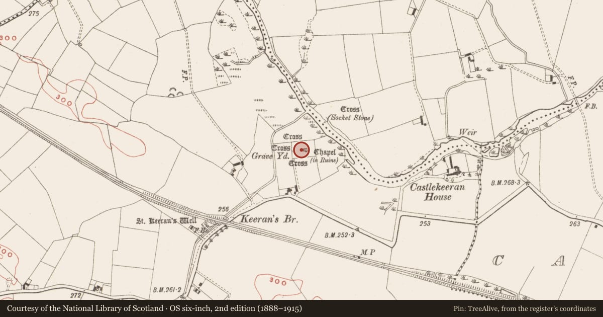 Ordnance Survey six-inch map, 2nd edition (1888–1915) covering the location of Graveyard, Castlekeeran, County Meath, with a pin at the register's coordinates