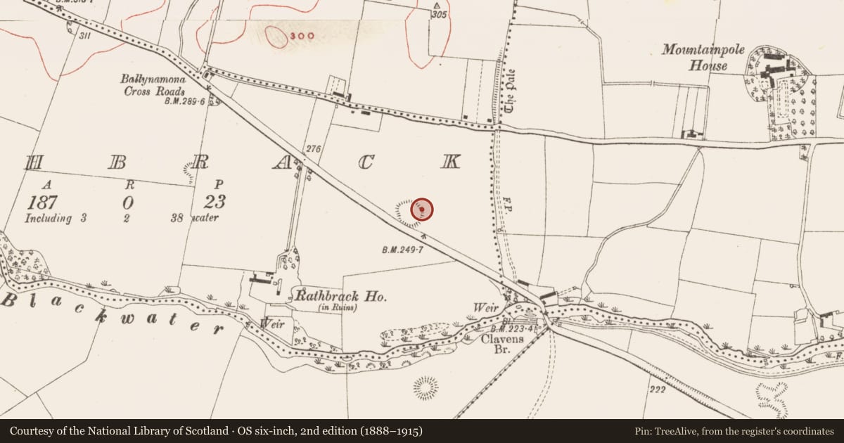 Ordnance Survey six-inch map, 2nd edition (1888–1915) covering the location of Ringfort - rath, Rathbrack (Kells Upper By., Dulane Par.), County Meath, with a pin at the register's coordinates