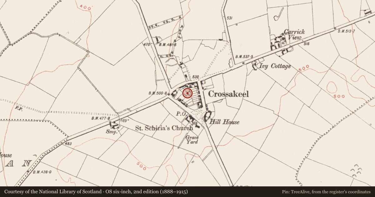Ordnance Survey six-inch map, 2nd edition (1888–1915) covering the location of Barrow - mound barrow, Crossakeel, County Meath, with a pin at the register's coordinates