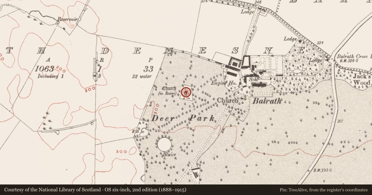 Ordnance Survey six-inch map, 2nd edition (1888–1915) covering the location of Graveyard, Balrath Demesne, County Meath, with a pin at the register's coordinates