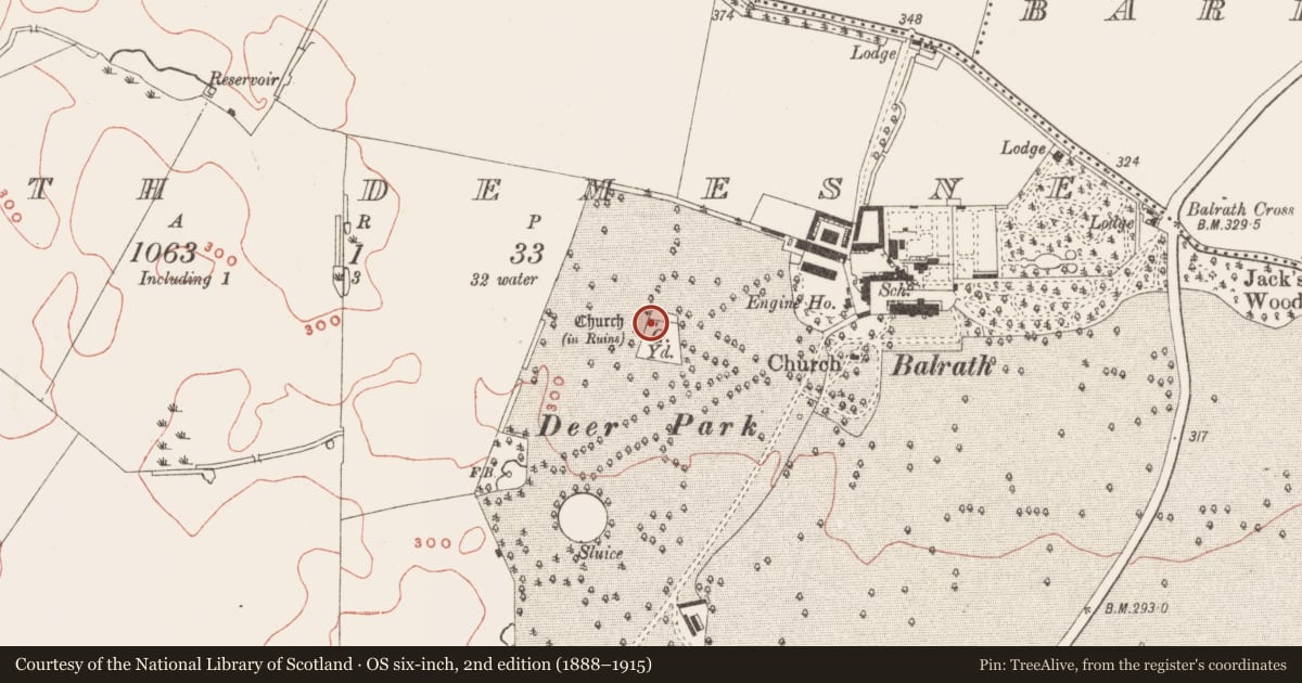 Ordnance Survey six-inch map, 2nd edition (1888–1915) covering the location of Font, Balrath Demesne, County Meath, with a pin at the register's coordinates