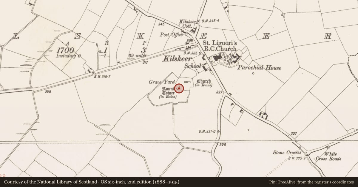 Ordnance Survey six-inch map, 2nd edition (1888–1915) covering the location of Castle - tower house, Kilskeer, County Meath, with a pin at the register's coordinates