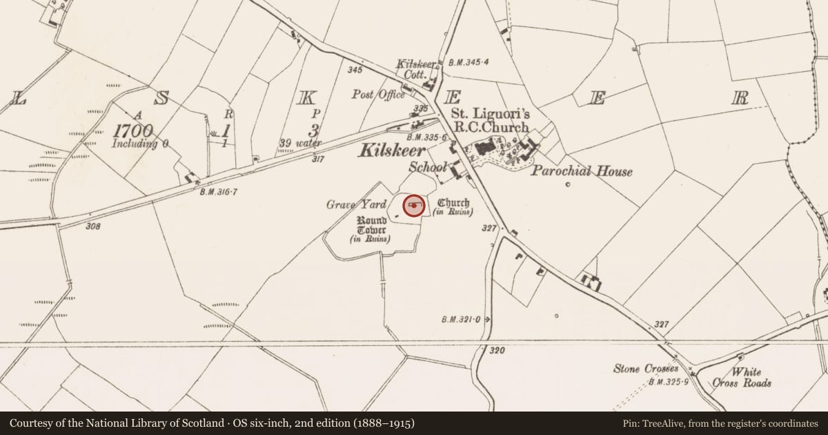 Ordnance Survey six-inch map, 2nd edition (1888–1915) covering the location of Church, Kilskeer, County Meath, with a pin at the register's coordinates