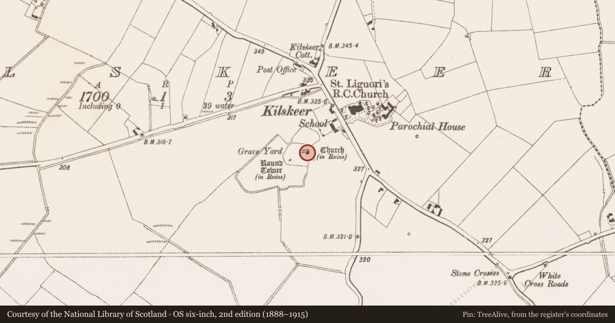 Ordnance Survey six-inch map, 2nd edition (1888–1915) covering the location of Tomb - chest tomb, Kilskeer, County Meath, with a pin at the register's coordinates