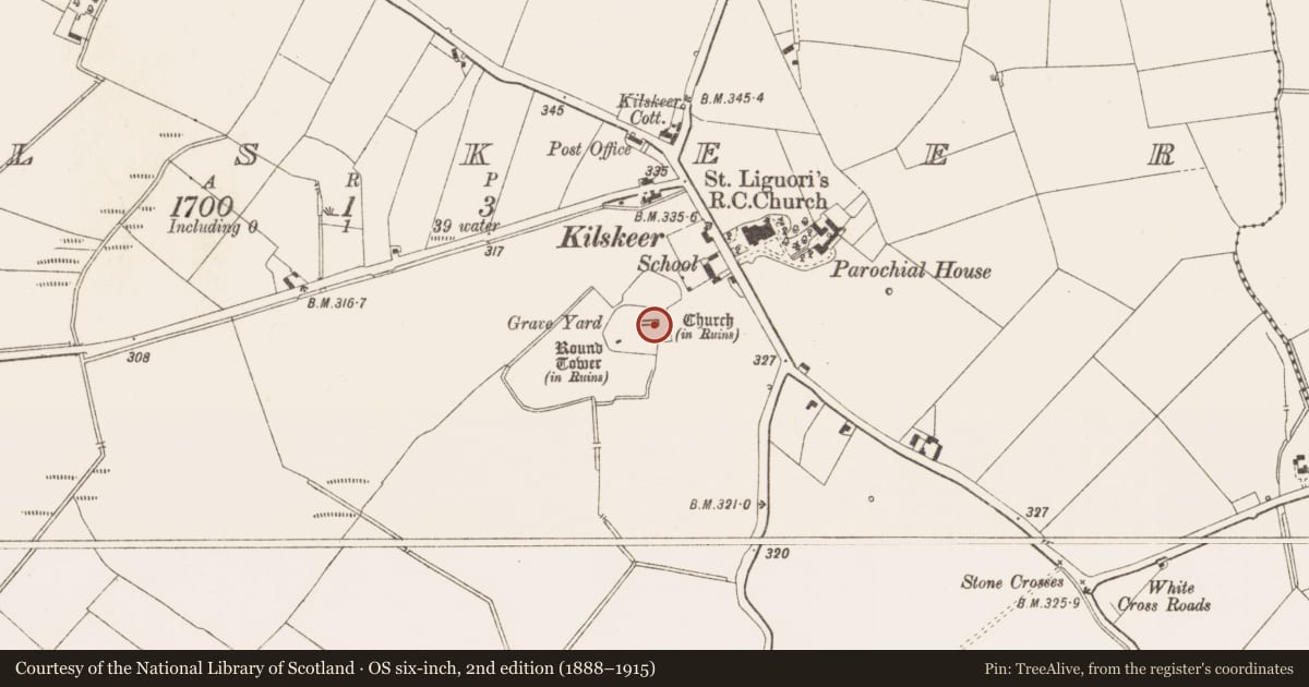 Ordnance Survey six-inch map, 2nd edition (1888–1915) covering the location of Armorial plaque, Kilskeer, County Meath, with a pin at the register's coordinates