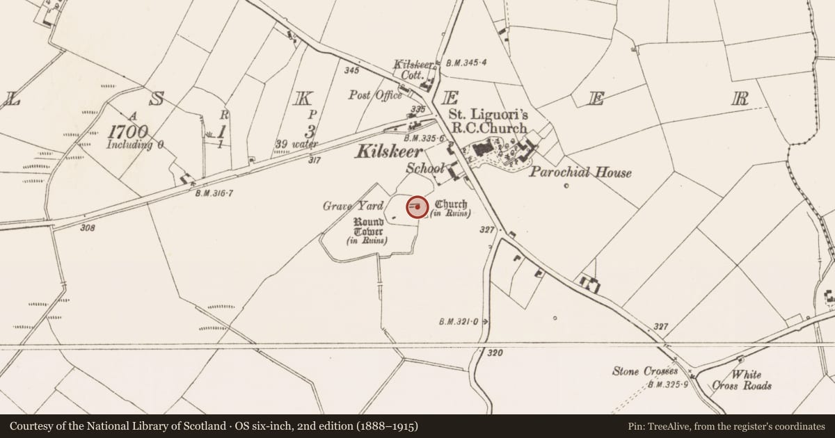Ordnance Survey six-inch map, 2nd edition (1888–1915) covering the location of Armorial plaque, Kilskeer, County Meath, with a pin at the register's coordinates