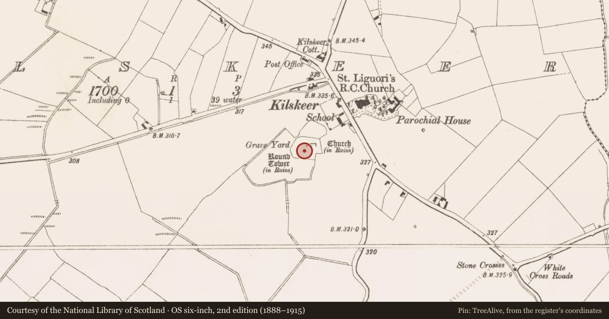 Ordnance Survey six-inch map, 2nd edition (1888–1915) covering the location of Ecclesiastical enclosure, Kilskeer, County Meath, with a pin at the register's coordinates