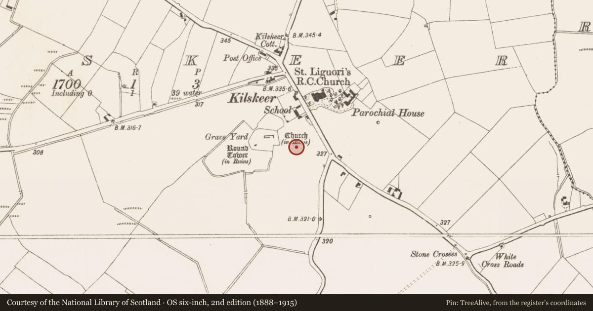 Ordnance Survey six-inch map, 2nd edition (1888–1915) covering the location of Structure, Kilskeer, County Meath, with a pin at the register's coordinates