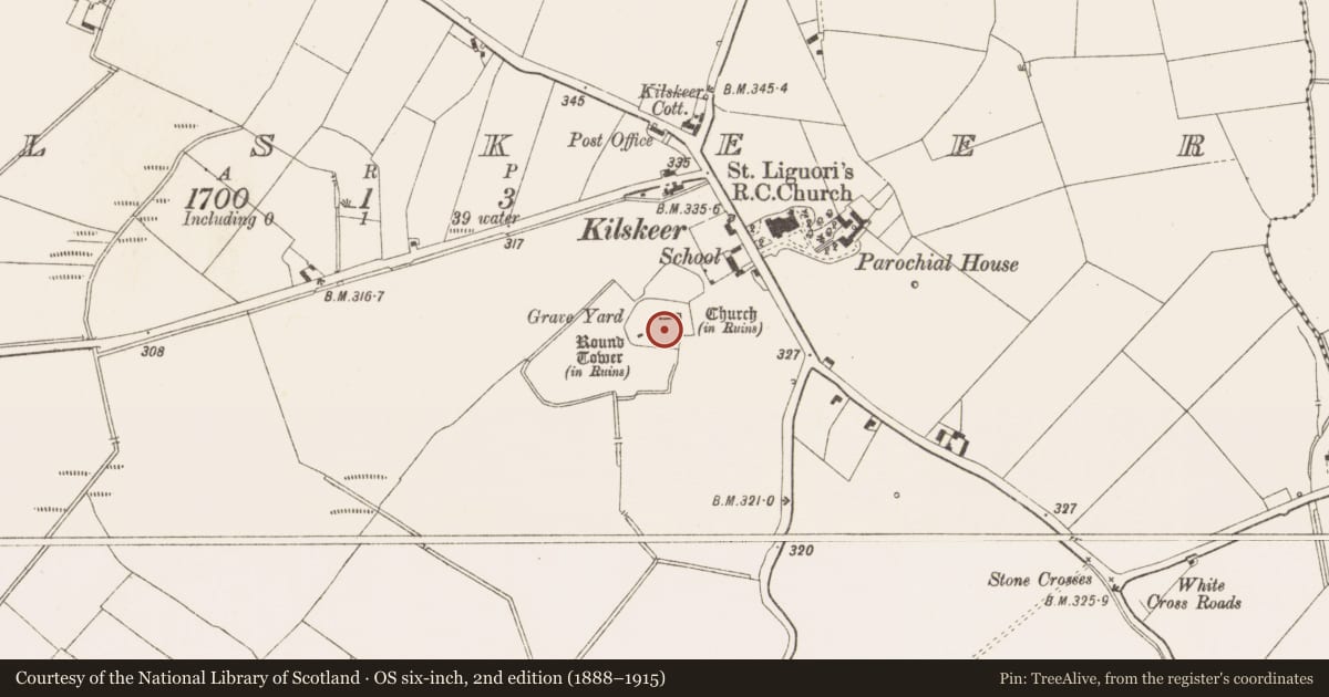 Ordnance Survey six-inch map, 2nd edition (1888–1915) covering the location of Architectural fragment, Kilskeer, County Meath, with a pin at the register's coordinates