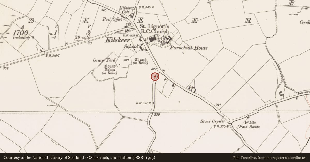 Ordnance Survey six-inch map, 2nd edition (1888–1915) covering the location of Ritual site - holy well, Kilskeer, County Meath, with a pin at the register's coordinates