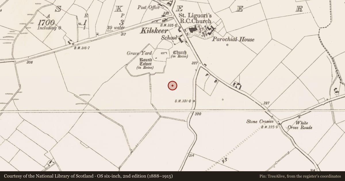 Ordnance Survey six-inch map, 2nd edition (1888–1915) covering the location of Field system, Kilskeer, County Meath, with a pin at the register's coordinates