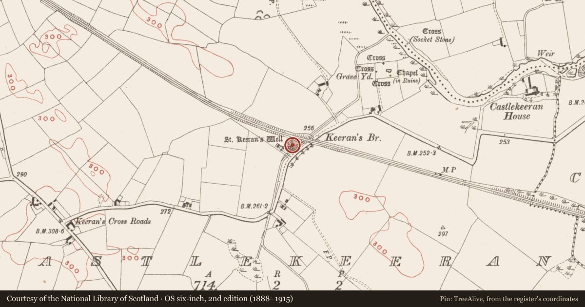 Ordnance Survey six-inch map, 2nd edition (1888–1915) covering the location of Ritual site - holy well, Castlekeeran, County Meath, with a pin at the register's coordinates