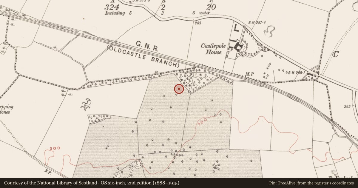 Ordnance Survey six-inch map, 2nd edition (1888–1915) covering the location of Enclosure - large enclosure, Drumbaragh, County Meath, with a pin at the register's coordinates