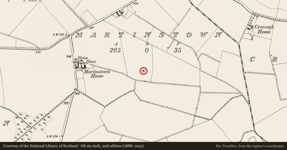 Ordnance Survey six-inch map, 2nd edition (1888–1915) covering the location of Ring-ditch, Martinstown, County Meath, with a pin at the register's coordinates