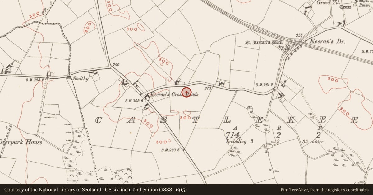 Ordnance Survey six-inch map, 2nd edition (1888–1915) covering the location of Kiln - corn-drying, Castlekeeran, County Meath, with a pin at the register's coordinates