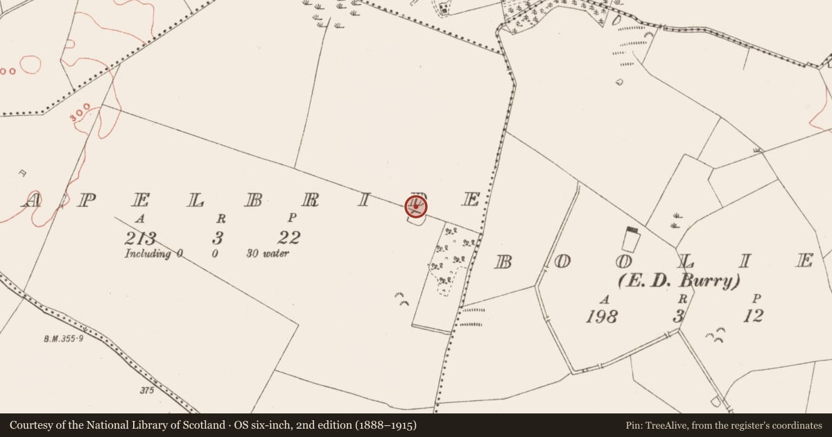 Ordnance Survey six-inch map, 2nd edition (1888–1915) covering the location of Fulacht fia, Chapelbride, County Meath, with a pin at the register's coordinates