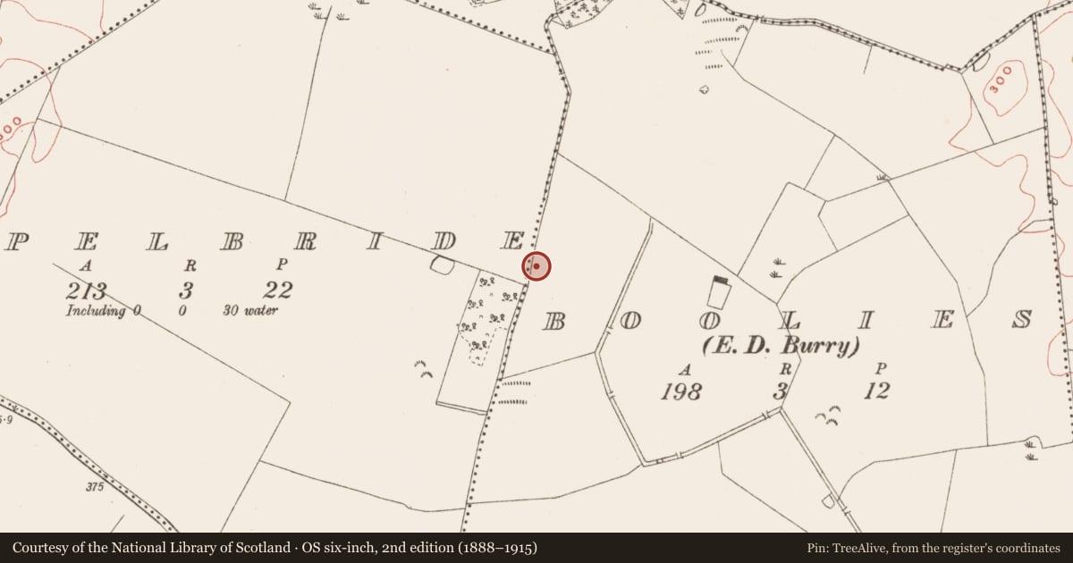 Ordnance Survey six-inch map, 2nd edition (1888–1915) covering the location of Fulacht fia, Boolies, County Meath, with a pin at the register's coordinates
