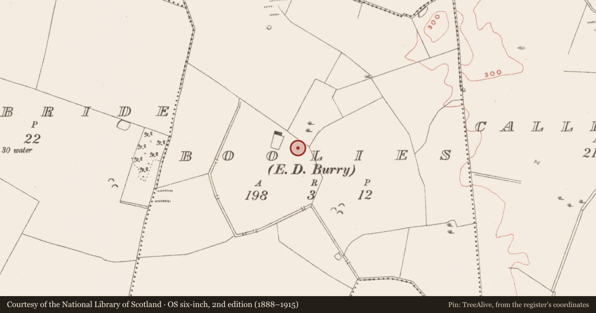 Ordnance Survey six-inch map, 2nd edition (1888–1915) covering the location of Fulacht fia, Boolies, County Meath, with a pin at the register's coordinates