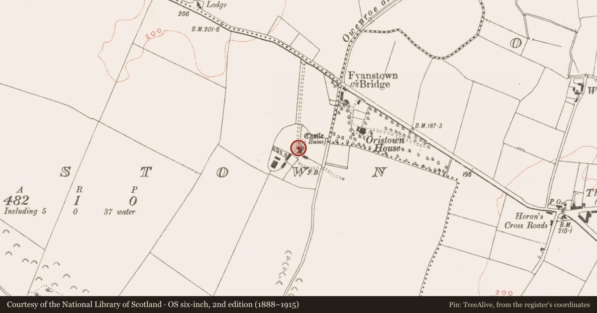 Ordnance Survey six-inch map, 2nd edition (1888–1915) covering the location of Castle - unclassified, Fyanstown, County Meath, with a pin at the register's coordinates