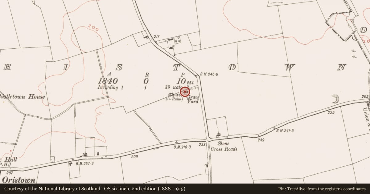 Ordnance Survey six-inch map, 2nd edition (1888–1915) covering the location of Church, Baile Órthaí, County Meath, with a pin at the register's coordinates