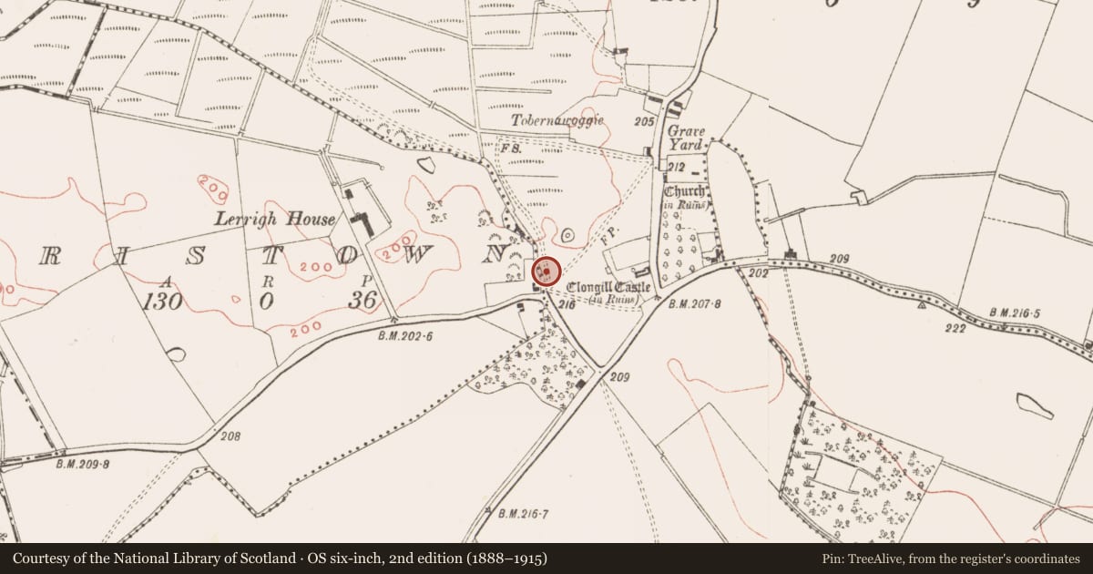 Ordnance Survey six-inch map, 2nd edition (1888–1915) covering the location of Mound, Cluain An Ghaill, County Meath, with a pin at the register's coordinates