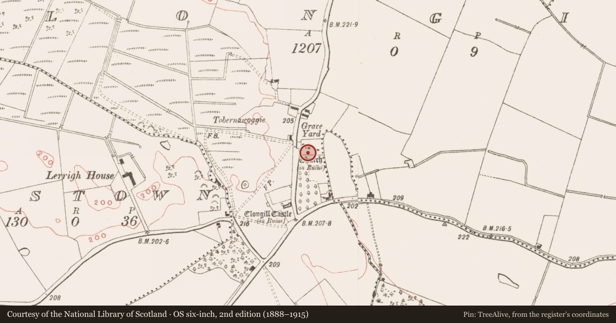 Ordnance Survey six-inch map, 2nd edition (1888–1915) covering the location of Graveyard, Arch Hall, Cluain An Ghaill, County Meath, with a pin at the register's coordinates