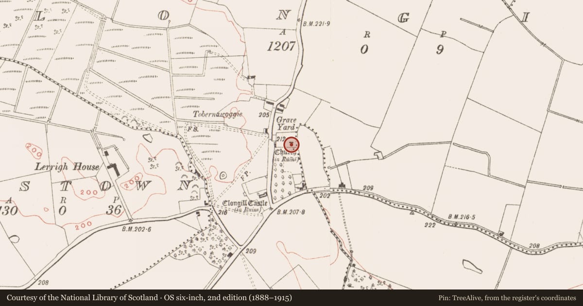 Ordnance Survey six-inch map, 2nd edition (1888–1915) covering the location of Graveslab, Cluain An Ghaill, County Meath, with a pin at the register's coordinates