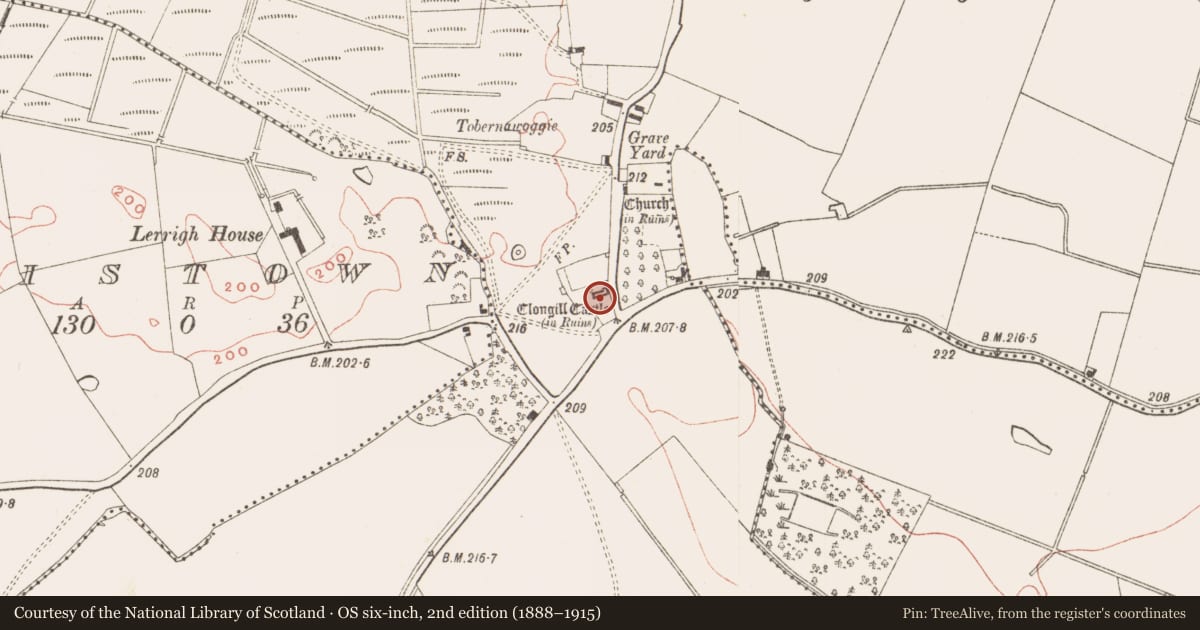 Ordnance Survey six-inch map, 2nd edition (1888–1915) covering the location of Castle - tower house, Cluain An Ghaill, County Meath, with a pin at the register's coordinates
