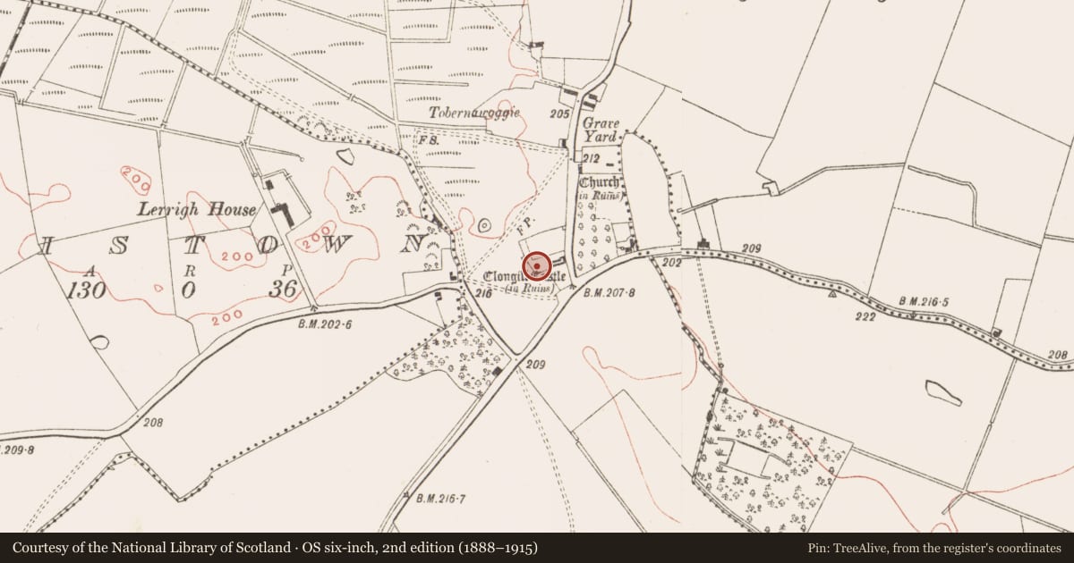 Ordnance Survey six-inch map, 2nd edition (1888–1915) covering the location of Bawn, Cluain An Ghaill, County Meath, with a pin at the register's coordinates