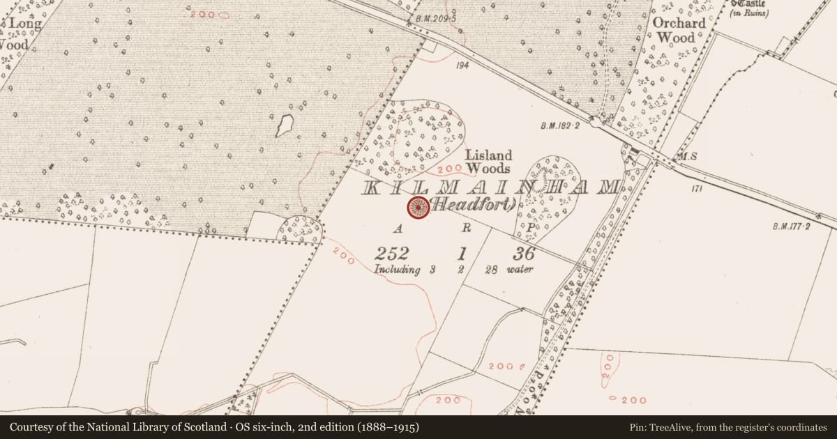 Ordnance Survey six-inch map, 2nd edition (1888–1915) covering the location of Barrow - ring-barrow, Kilmainham (Headford), County Meath, with a pin at the register's coordinates
