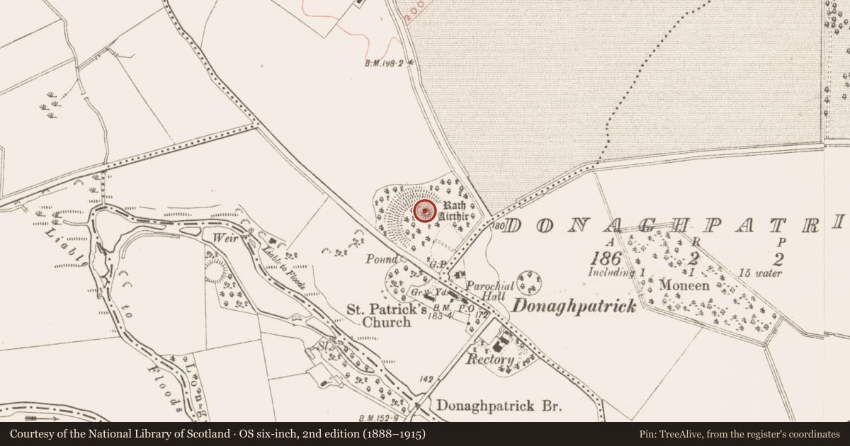 Ordnance Survey six-inch map, 2nd edition (1888–1915) covering the location of Barrow - bowl-barrow, Diméin Bhaile Ghib, County Meath, with a pin at the register's coordinates