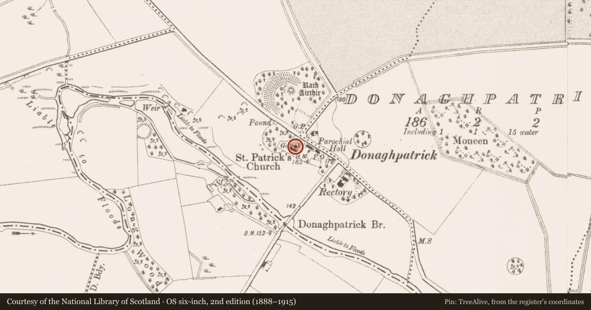 Ordnance Survey six-inch map, 2nd edition (1888–1915) covering the location of Graveyard, Diméin Bhaile Ghib, County Meath, with a pin at the register's coordinates