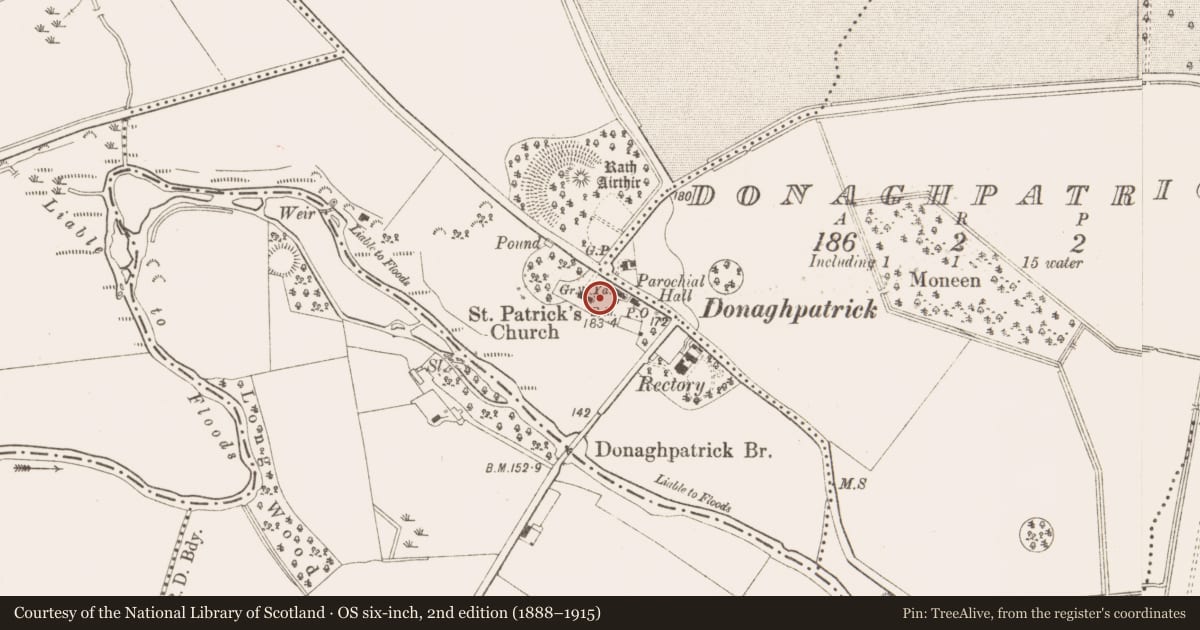 Ordnance Survey six-inch map, 2nd edition (1888–1915) covering the location of Standing stone, Diméin Bhaile Ghib, County Meath, with a pin at the register's coordinates