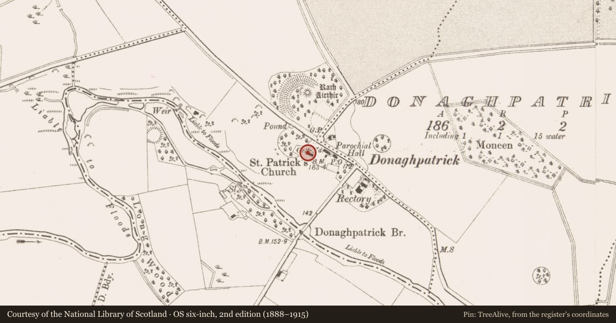 Ordnance Survey six-inch map, 2nd edition (1888–1915) covering the location of Church, Diméin Bhaile Ghib, County Meath, with a pin at the register's coordinates