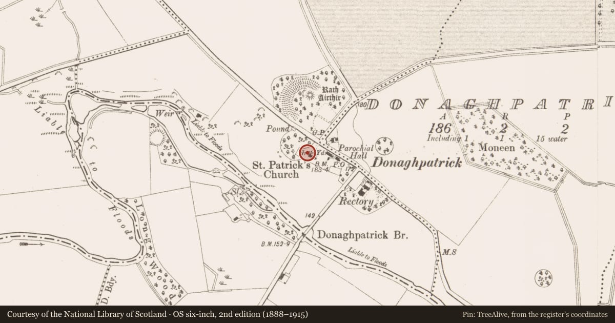 Ordnance Survey six-inch map, 2nd edition (1888–1915) covering the location of Memorial stone (present location), Diméin Bhaile Ghib, County Meath, with a pin at the register's coordinates