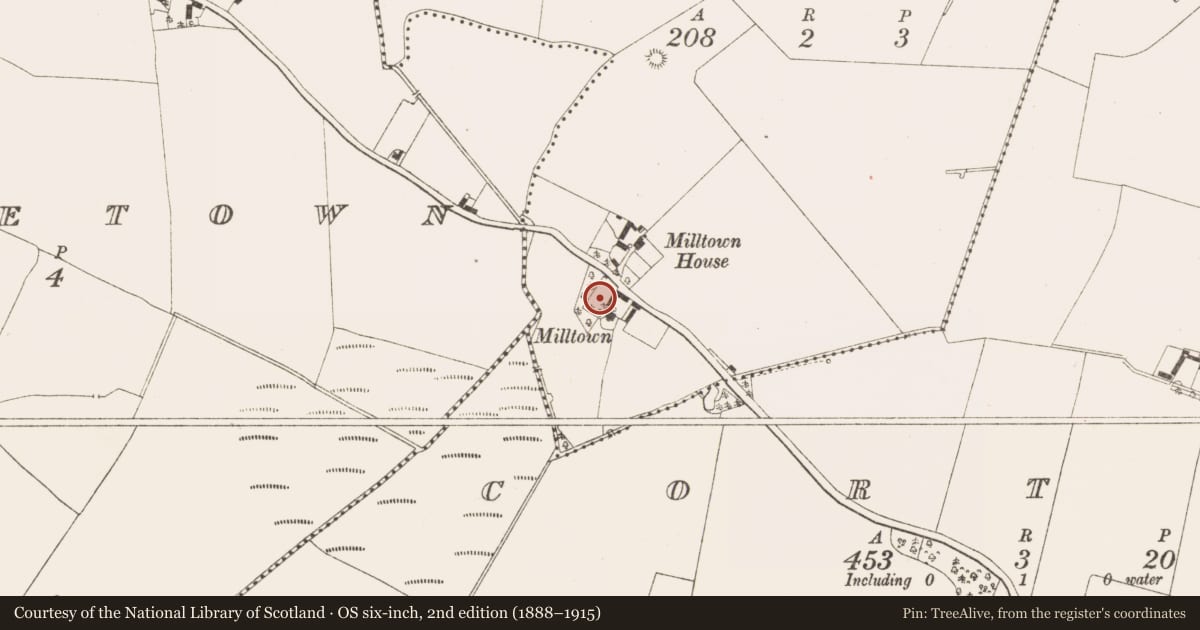 Ordnance Survey six-inch map, 2nd edition (1888–1915) covering the location of Font (present location), Milltown, County Meath, with a pin at the register's coordinates