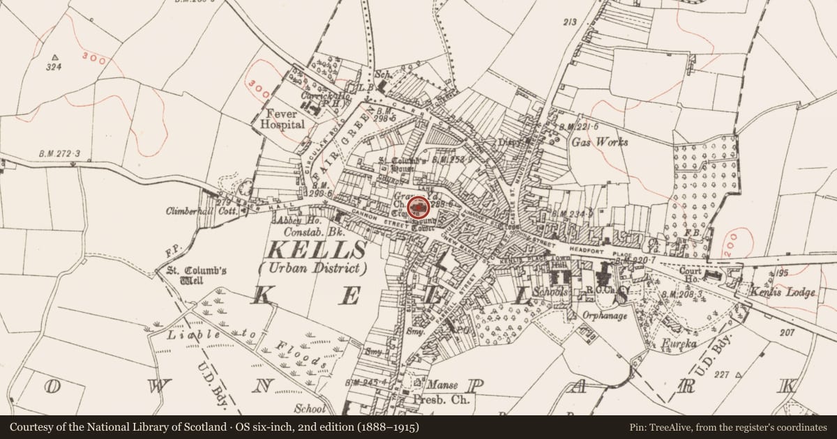 Ordnance Survey six-inch map, 2nd edition (1888–1915) covering the location of Font (present location), Town Parks, County Meath, with a pin at the register's coordinates