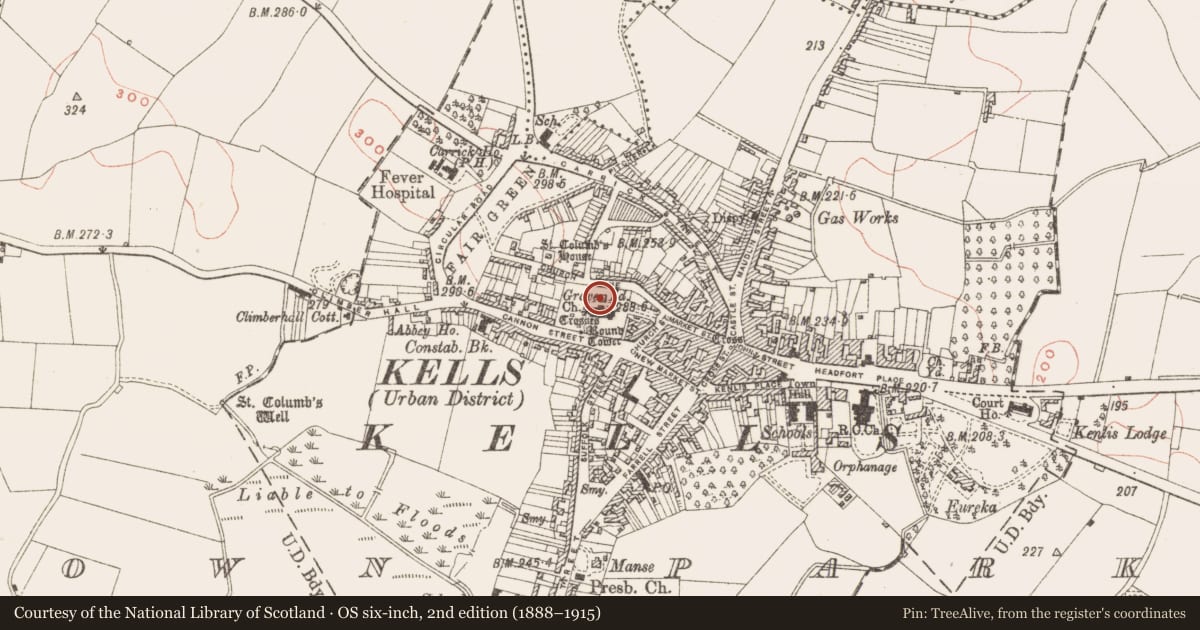 Ordnance Survey six-inch map, 2nd edition (1888–1915) covering the location of Memorial stone, Town Parks, County Meath, with a pin at the register's coordinates
