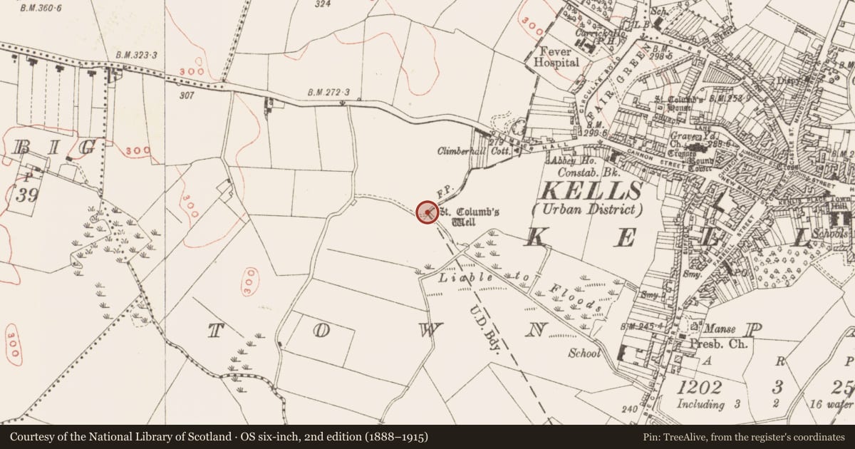 Ordnance Survey six-inch map, 2nd edition (1888–1915) covering the location of Ritual site - holy well, Town Parks, County Meath, with a pin at the register's coordinates
