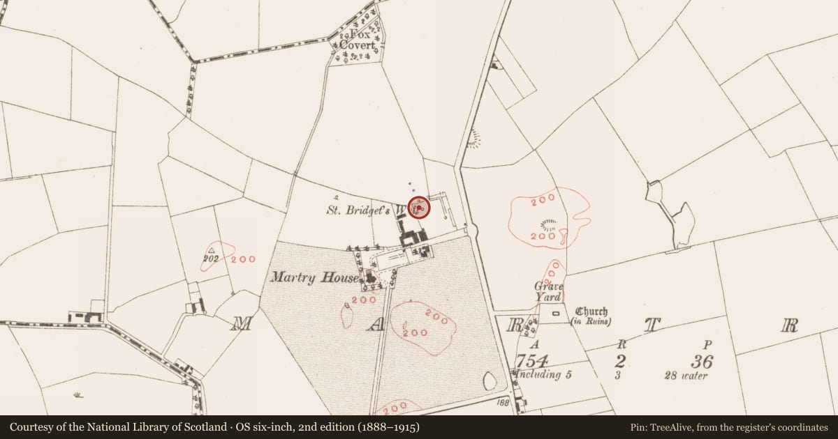 Ordnance Survey six-inch map, 2nd edition (1888–1915) covering the location of Ritual site - holy well, Martry, County Meath, with a pin at the register's coordinates