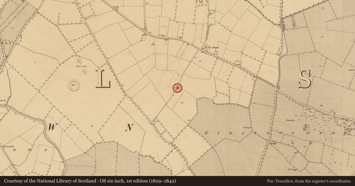 Ordnance Survey six-inch map, 1st edition (1829–1842) covering the location of Enclosure, Baile Órthaí, County Meath, with a pin at the register's coordinates