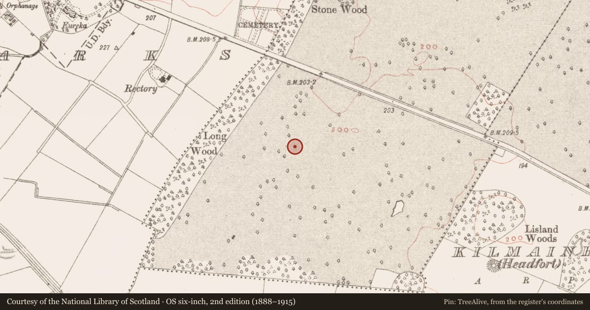 Ordnance Survey six-inch map, 2nd edition (1888–1915) covering the location of Ring-ditch, Headfort Demesne, County Meath, with a pin at the register's coordinates