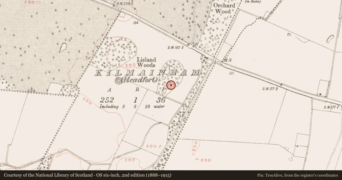 Ordnance Survey six-inch map, 2nd edition (1888–1915) covering the location of Enclosure, Kilmainham (Headford), County Meath, with a pin at the register's coordinates