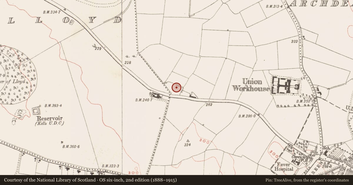 Ordnance Survey six-inch map, 2nd edition (1888–1915) covering the location of Fulacht fia, Town Parks, County Meath, with a pin at the register's coordinates