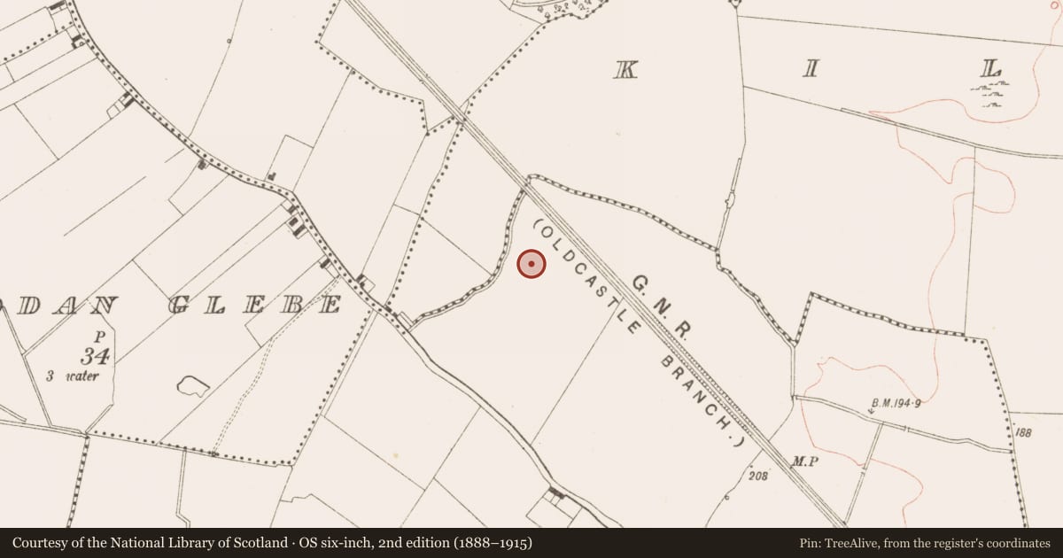 Ordnance Survey six-inch map, 2nd edition (1888–1915) covering the location of Burnt mound, Cookstown Great, County Meath, with a pin at the register's coordinates