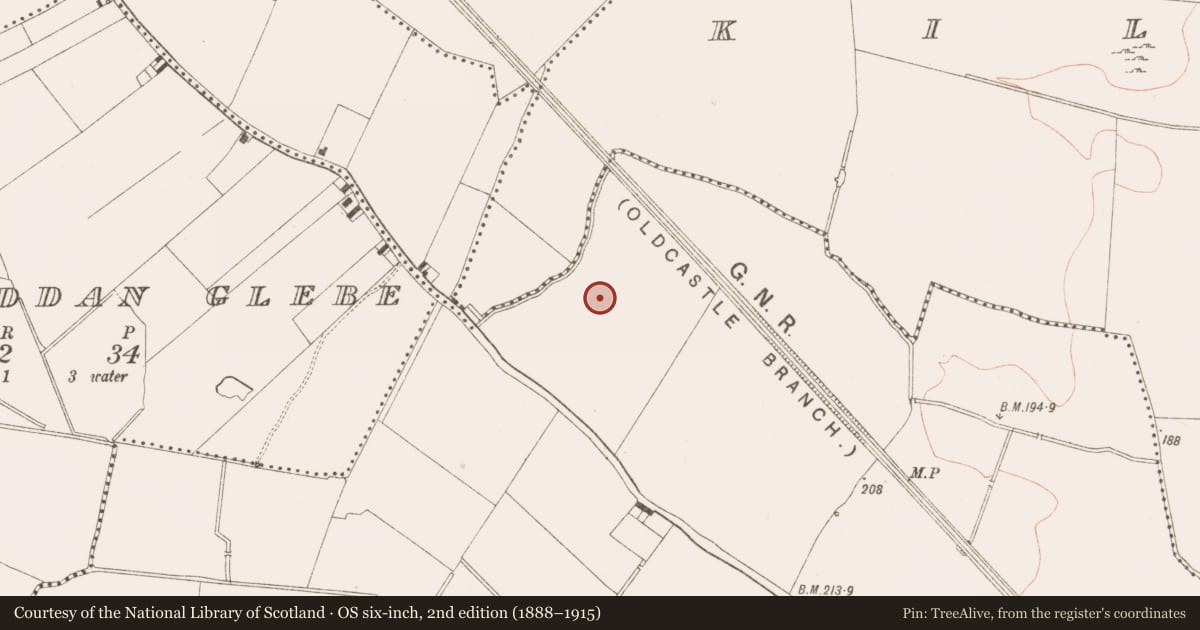 Ordnance Survey six-inch map, 2nd edition (1888–1915) covering the location of Burnt mound, Cookstown Great, County Meath, with a pin at the register's coordinates