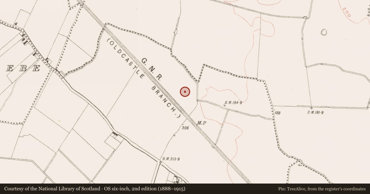 Ordnance Survey six-inch map, 2nd edition (1888–1915) covering the location of Fulacht fia, Cookstown Great, County Meath, with a pin at the register's coordinates